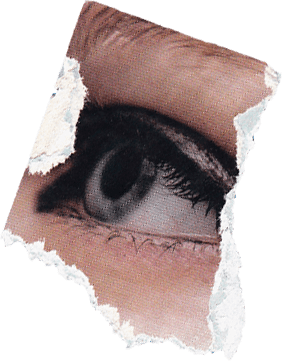 Torn paper cutout of a close-up magazine photograph of an eye with dramatic eyeliner