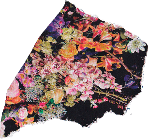 Torn paper cutout of a dense floral photograph on a black background