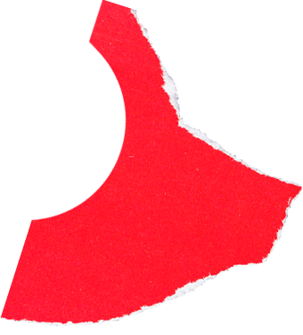 Torn solid red paper cutout with a curved notch