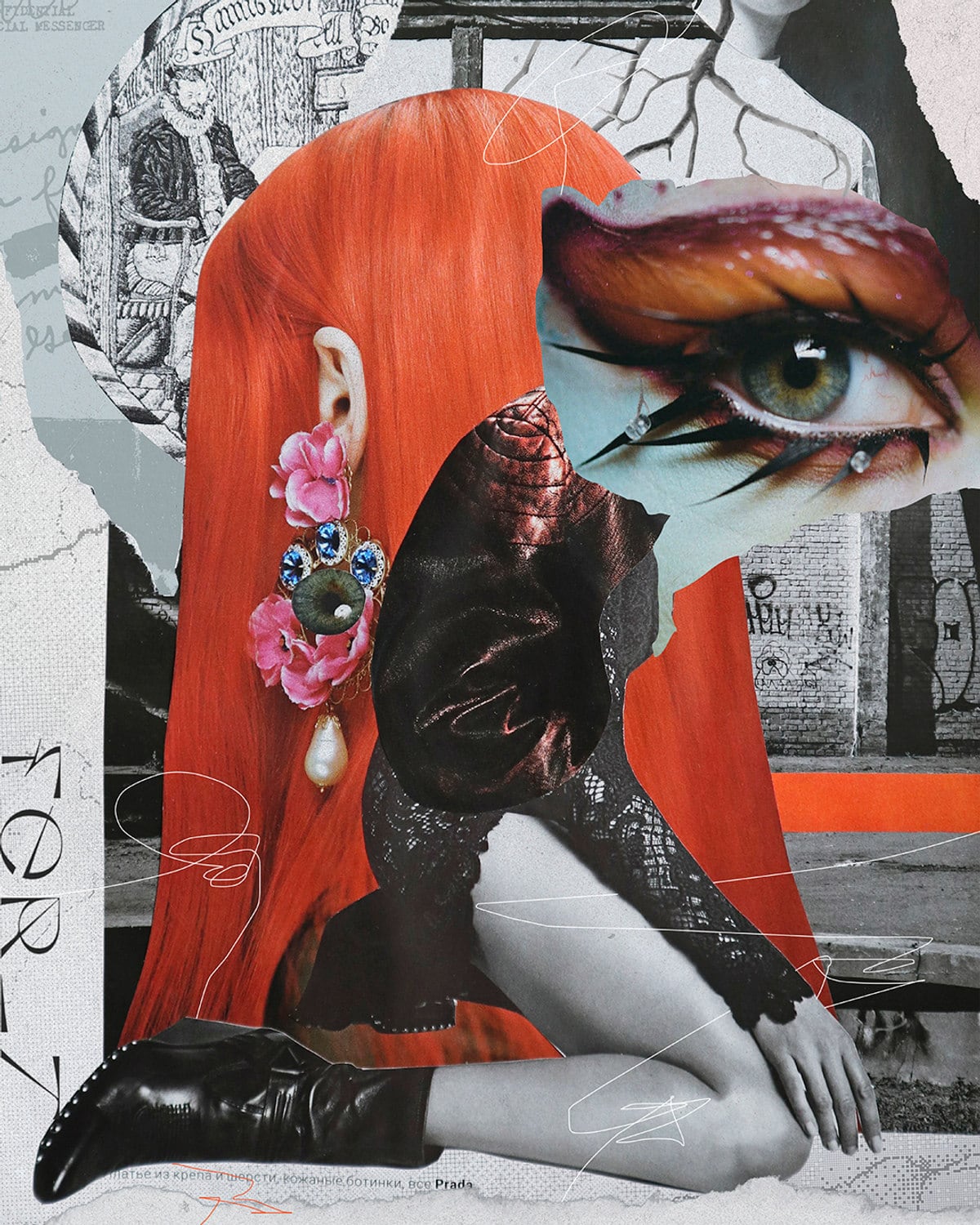 Fashion collage of a red-haired figure wearing a jewelled floral earring, next to an oversized close-up eye with winged eyeliner, over a graffiti-covered brick wall