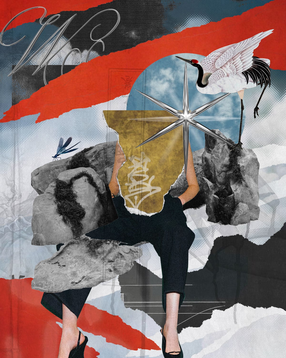 Collage of a red-crowned crane perched on rocks beside a large silver star burst and a headless figure in a torn gold garment