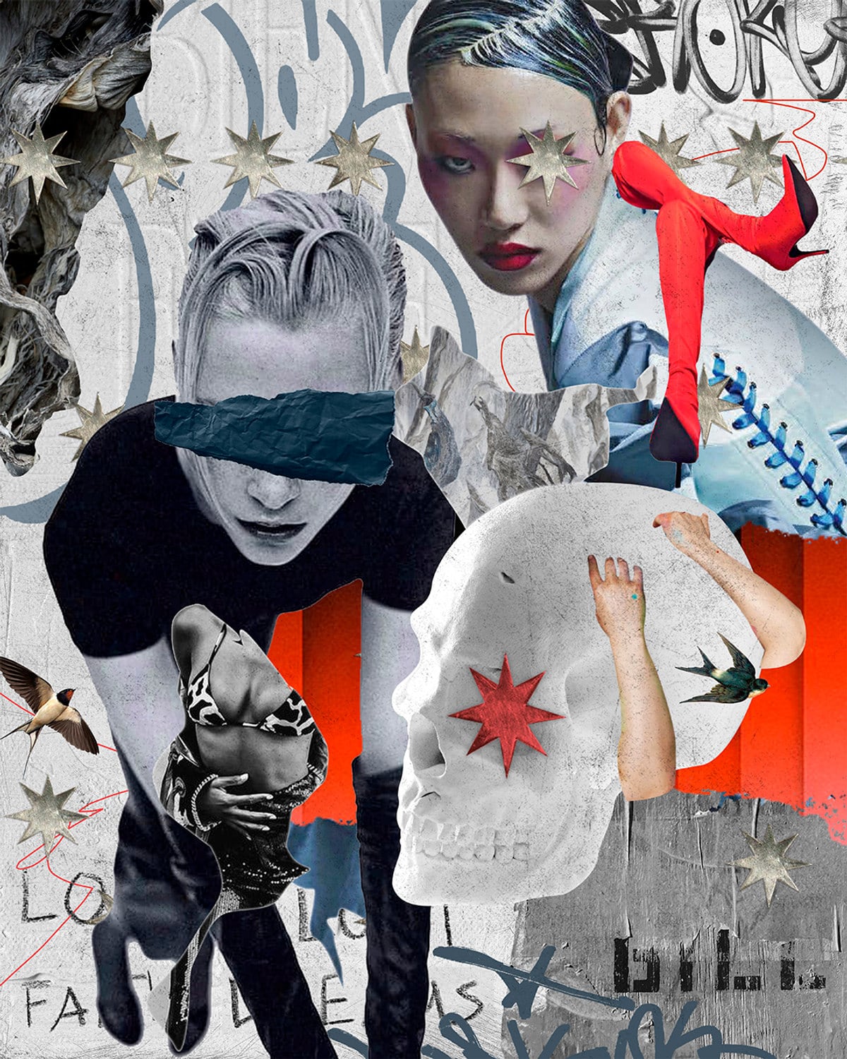 Collage of a sculpted skull marked with a red star, surrounded by swallows, star stickers and fragmented fashion photography