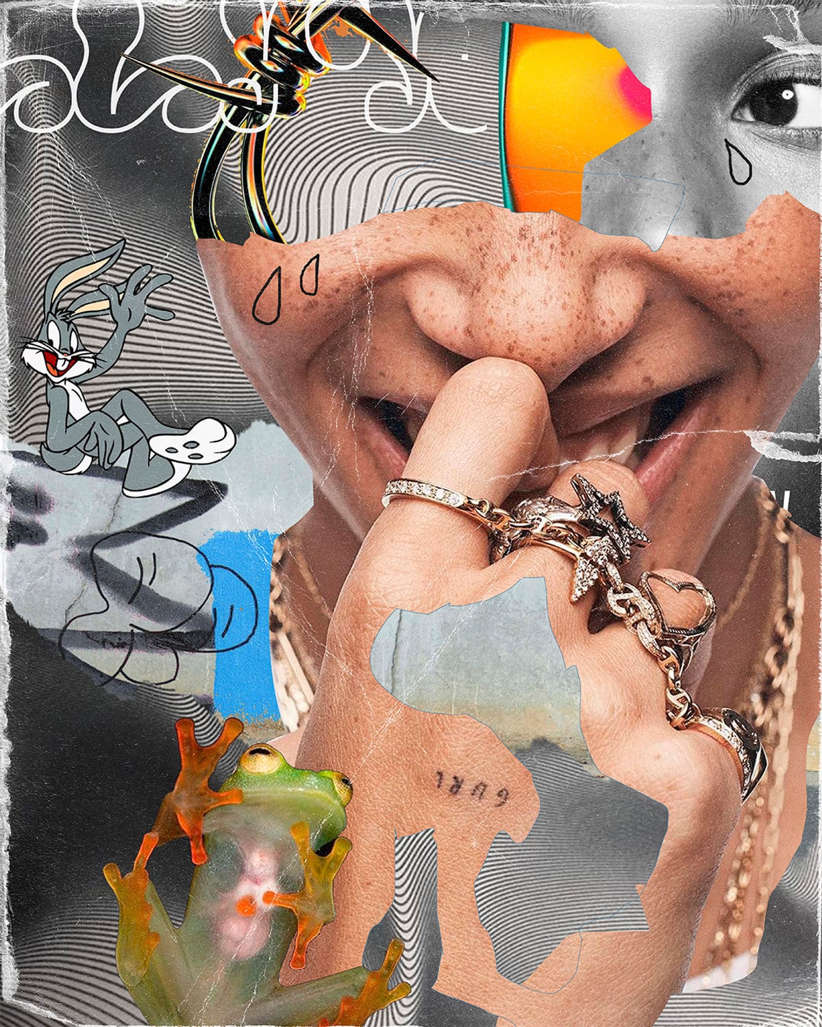 Close-up collage of a jewelled hand near a mouth, layered with a Bugs Bunny cartoon, a glass tree frog and teardrop illustrations