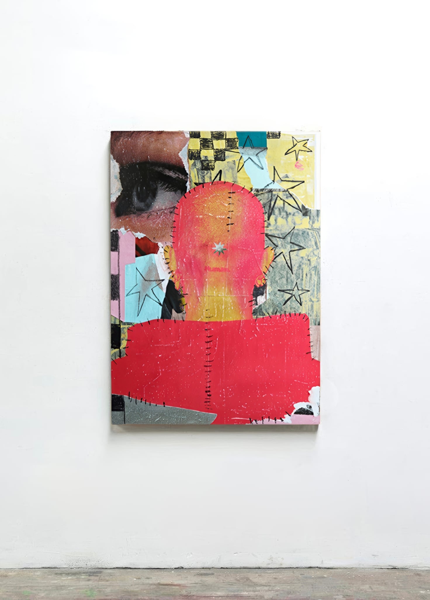 Collage of a figure with a bright orange-red gradient head above a torn red paper chest, set against a yellow starred panel and a black-and-white checkerboard fragment