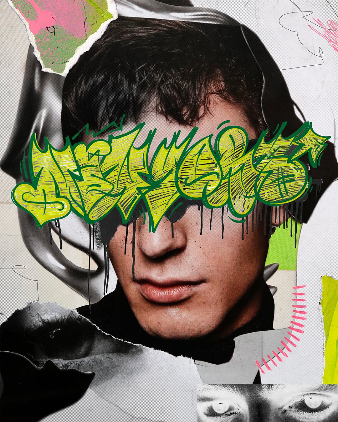 Collage of a young man's face partly obscured by a green graffiti tag, layered with a torn silver fabric swirl, pink cross-stitching and a strip of eyes cut from another photograph