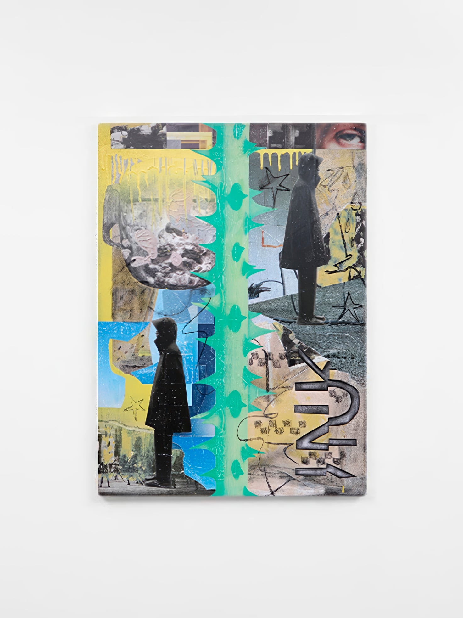 Diptych collage of two dark silhouetted figures facing each other across a vertical teal brushstroke seam, set against yellow, blue and checkerboard-patterned panels