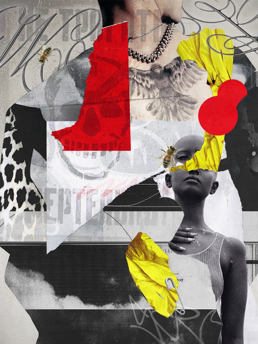 Collage of a woman in a striped top with a snake-shaped bracelet, layered with a torn red arrow shape, a red circular motif, a bee illustration and yellow paper fragments
