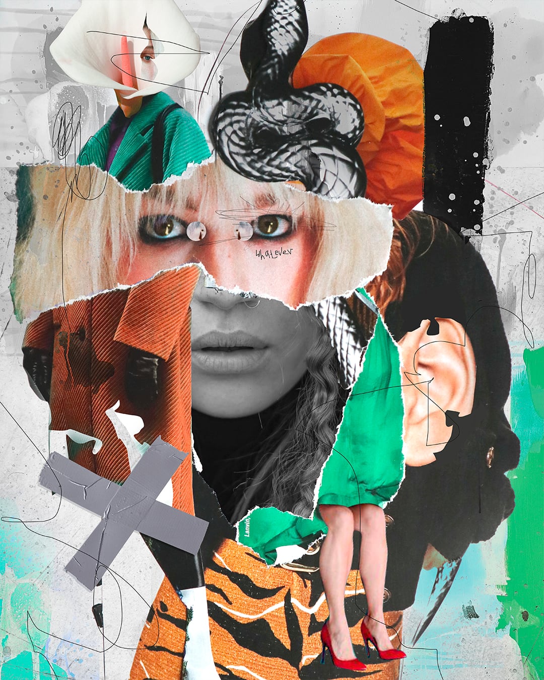 Collage of a woman's torn-paper portrait with green eyeshadow and a patterned headscarf, layered over a tiger-print fabric fragment, an orange corduroy strip and a small cut-out figure in red heels