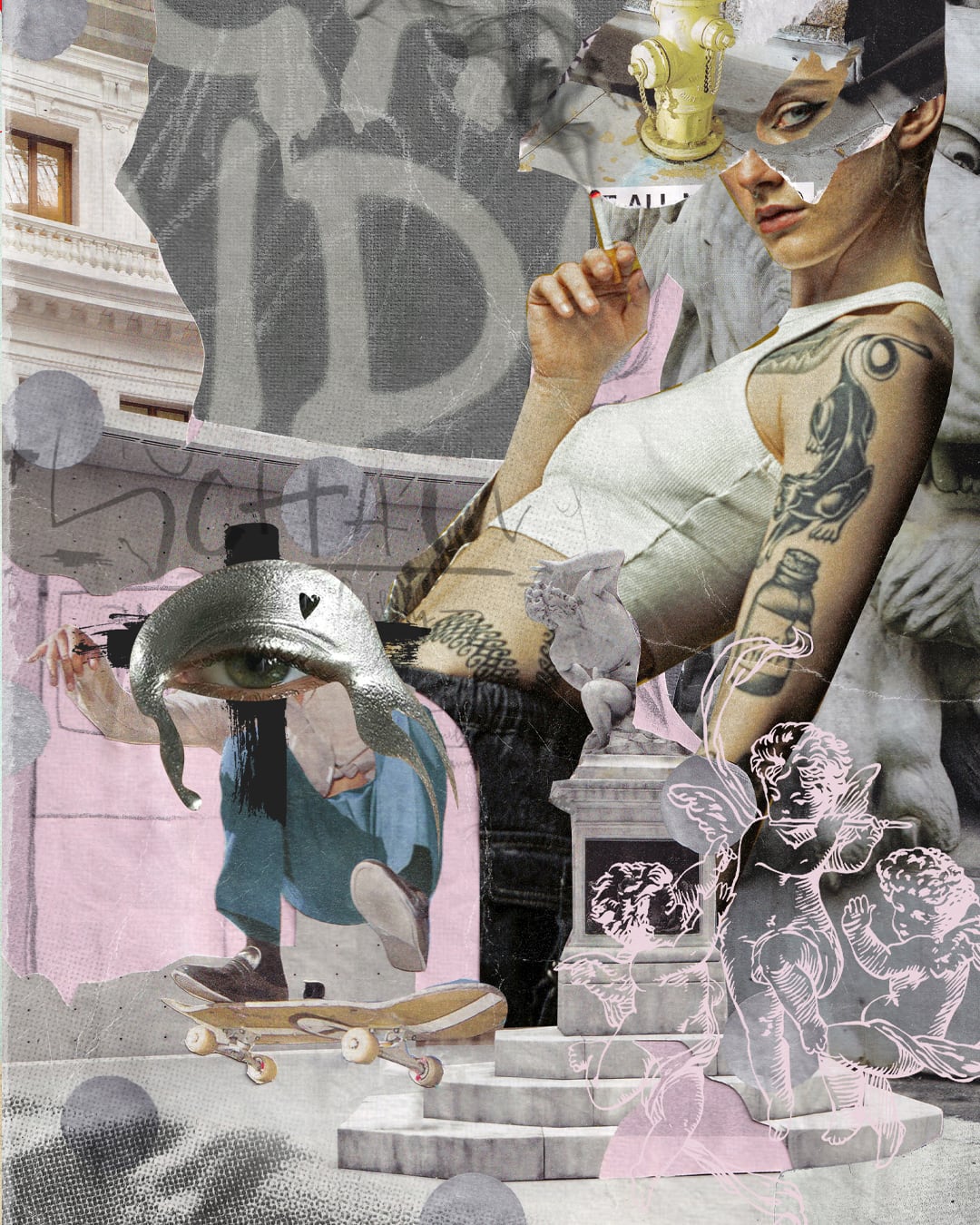 Collage of a tattooed woman in a white tank top beside classical marble statue fragments, a UFO-headed skateboarder figure and torn architectural photography with graffiti lettering