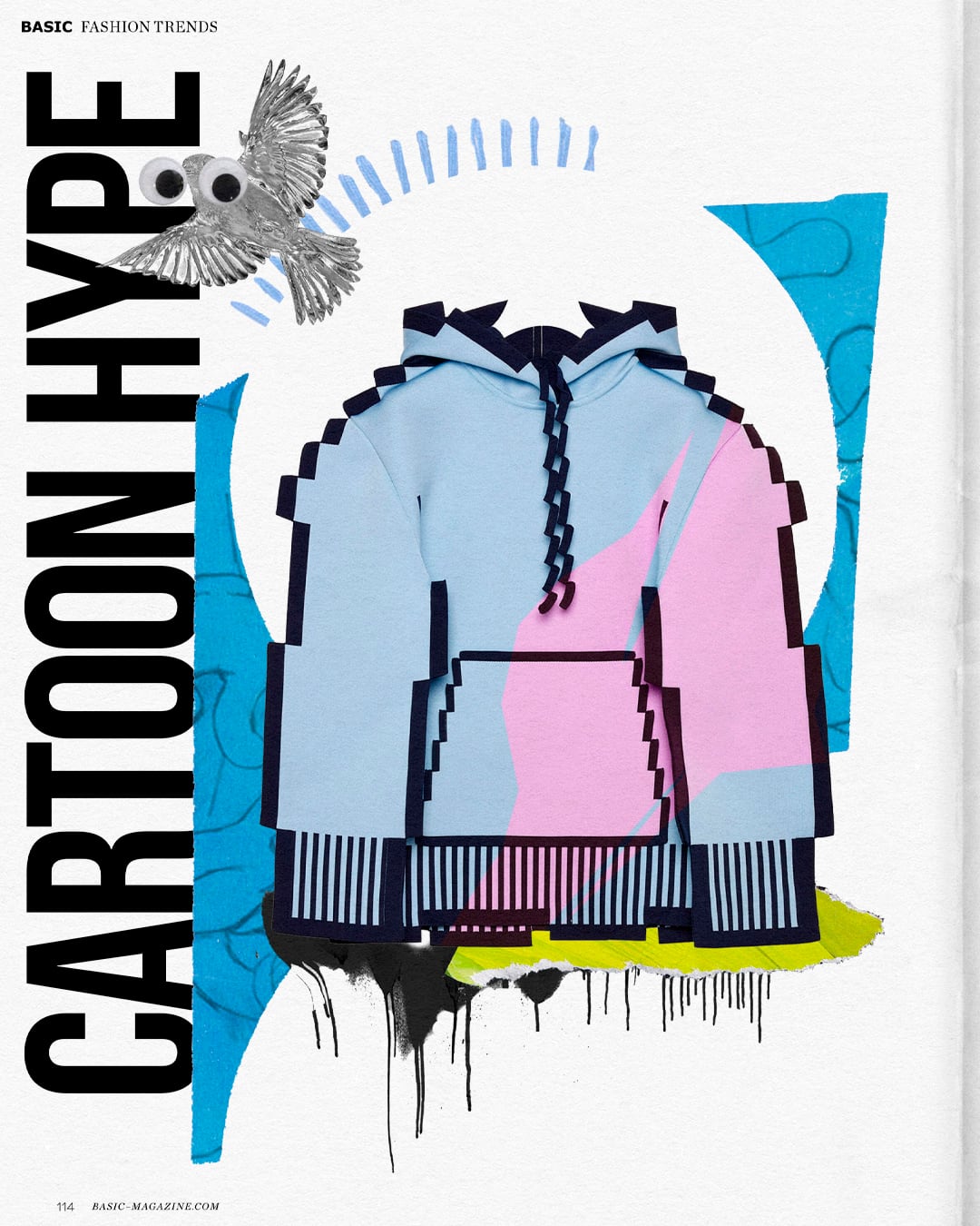 Basic Magazine "Fashion Trends" cover collage headlined "Cartoon Hype", showing a pixel-outlined pastel hoodie beside a cartoon owl illustration