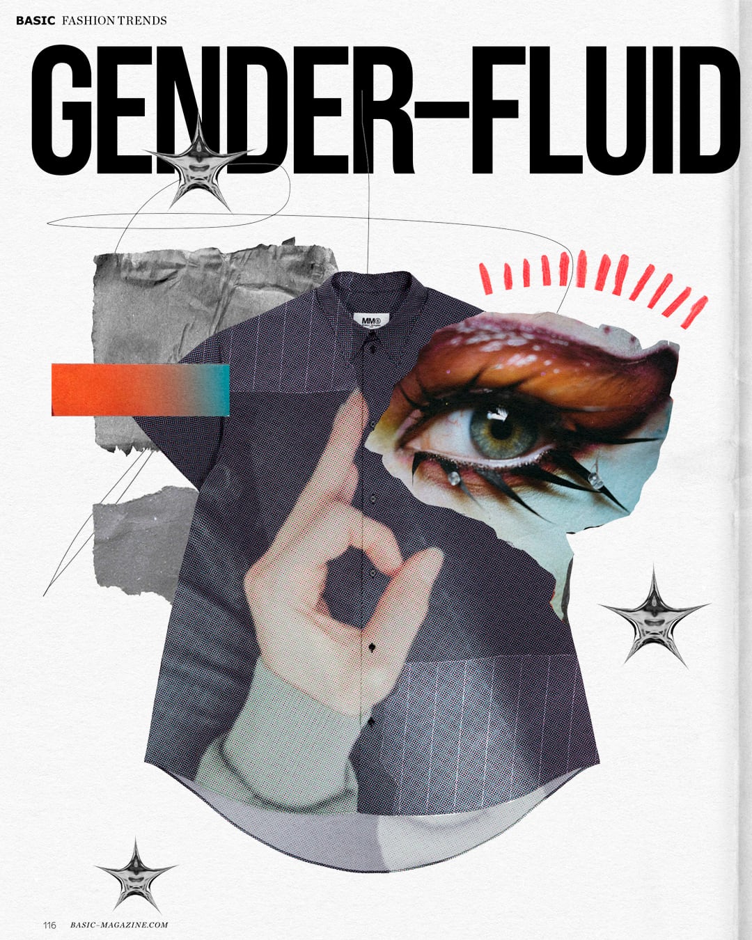 Basic Magazine "Fashion Trends" cover collage headlined "Gender-Fluid", showing a striped shirt paired with a close-up eye with dramatic makeup and a hand gesture