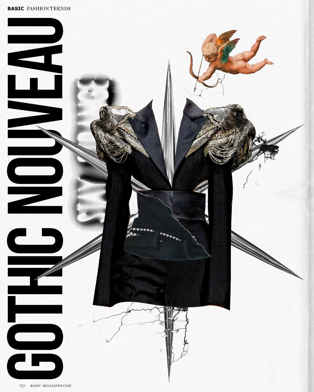 Basic Magazine "Fashion Trends" cover collage headlined "Gothic Nouveau", showing a black tailored suit with dragon-scale shoulders, metal spikes and a small cupid illustration