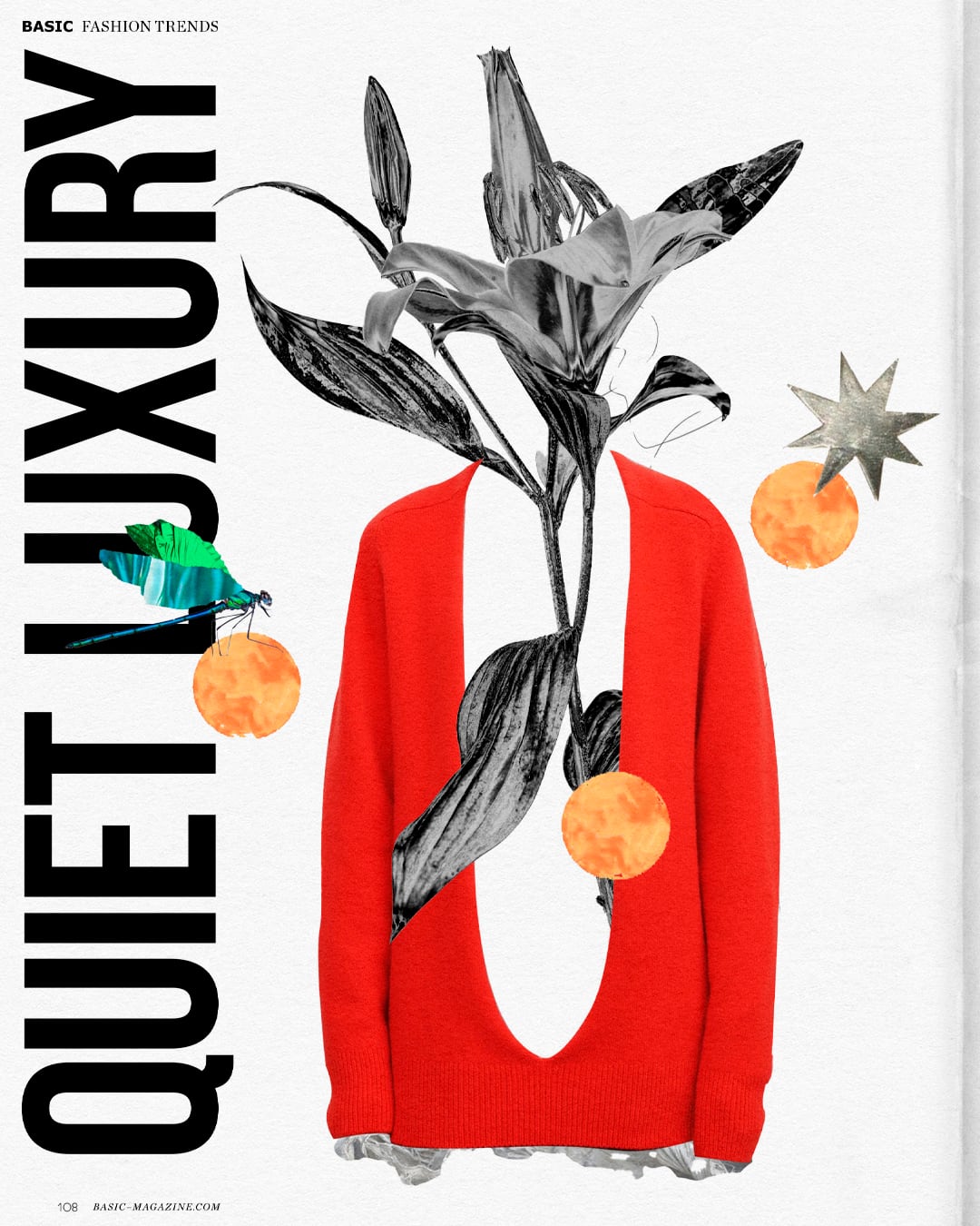 Basic Magazine "Fashion Trends" cover collage headlined "Quiet Luxury", showing a red jumper with a large leafy houseplant in place of a head
