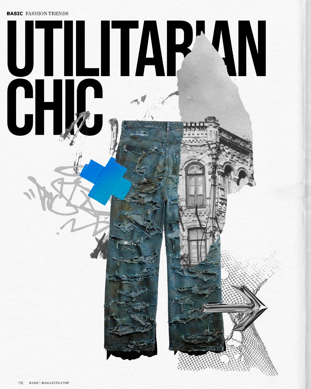 Basic Magazine "Fashion Trends" cover collage headlined "Utilitarian Chic", showing distressed wide-leg denim trousers layered over a historic building facade