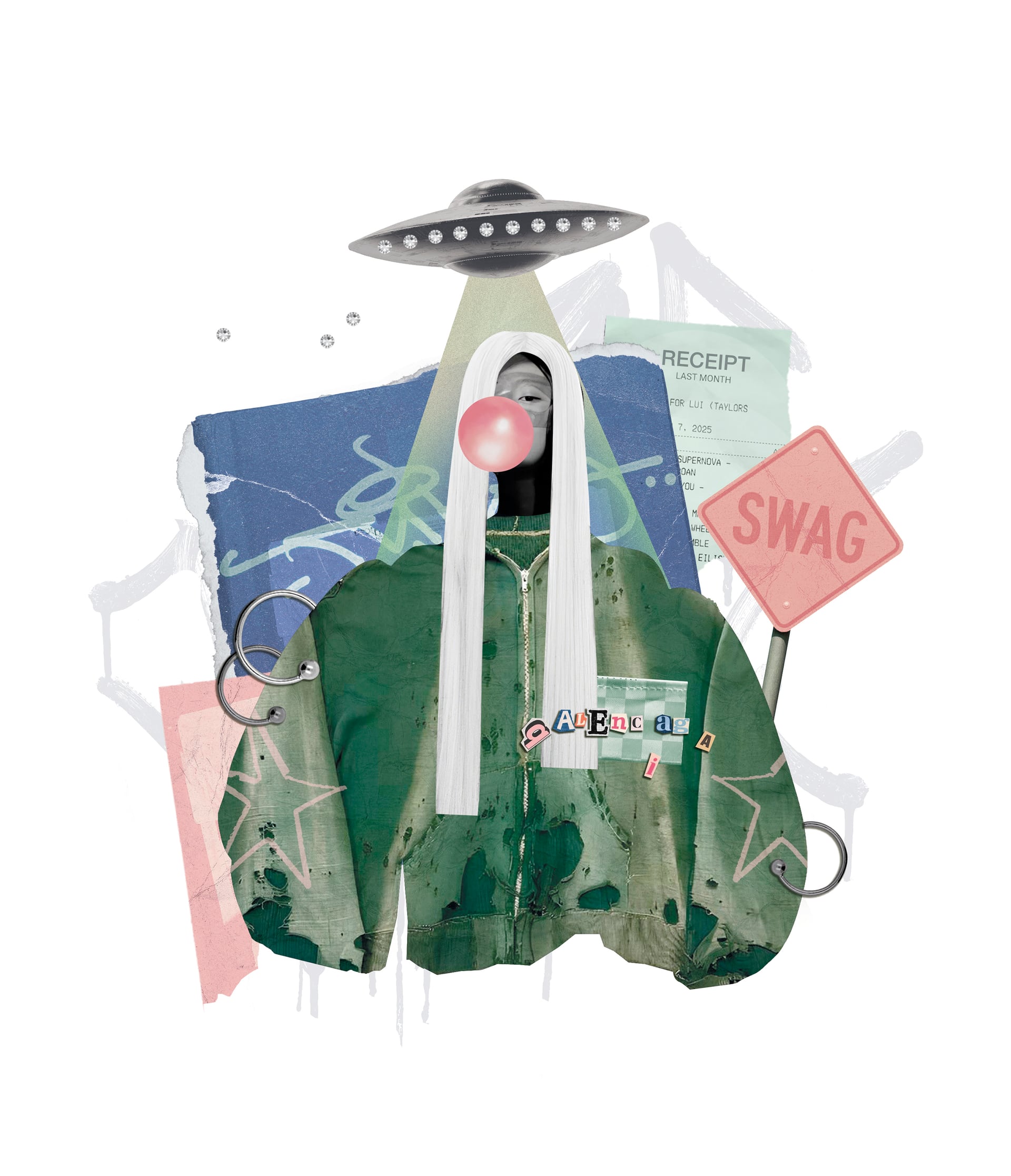 Digital collage illustration of a figure blowing a bubblegum bubble beneath a hovering UFO, wearing a khaki jacket decorated with stars and rings