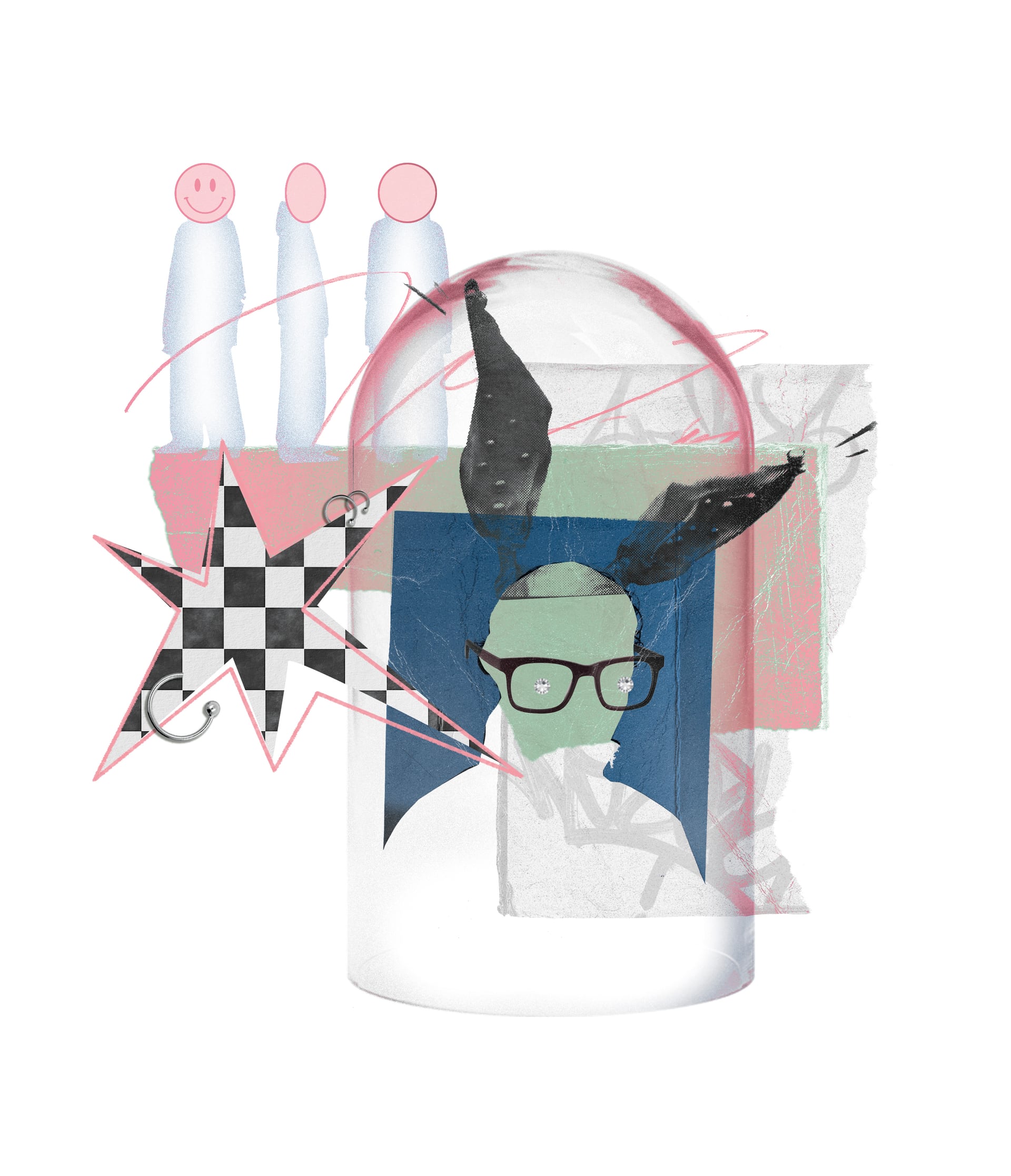 Digital collage illustration of a bespectacled figure with bunny ears inside a glass display dome, framed by a checkerboard star and pastel balloon shapes