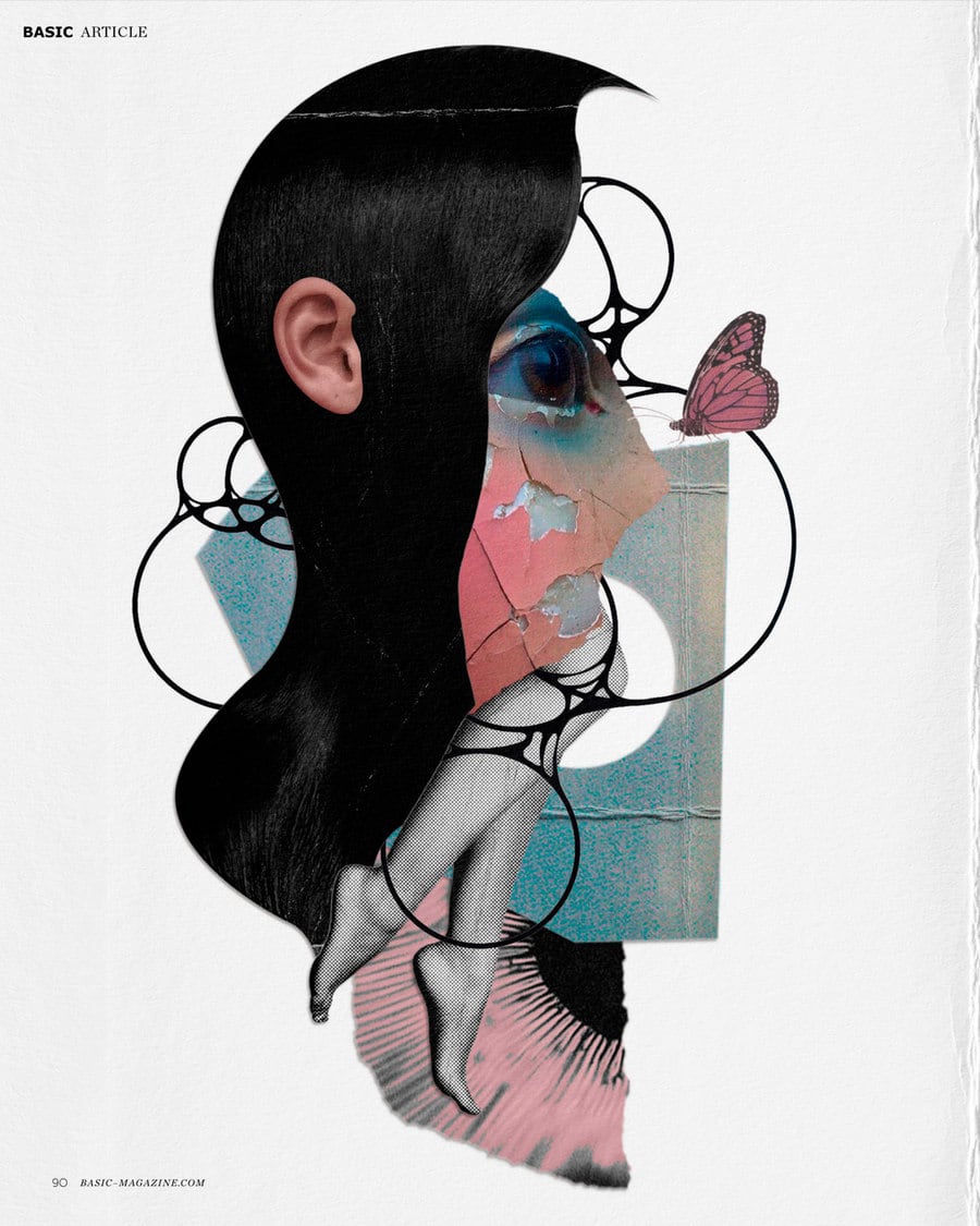 Magazine page marked "Basic Article" showing a profile collage of long black hair, cracked porcelain skin and a butterfly