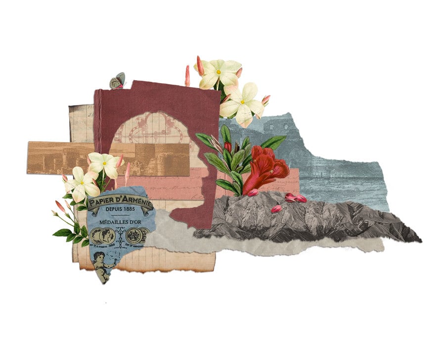 Editorial collage of a profile silhouette with a vintage "Papier d'Arménie" label, white and red flowers and a mountain landscape