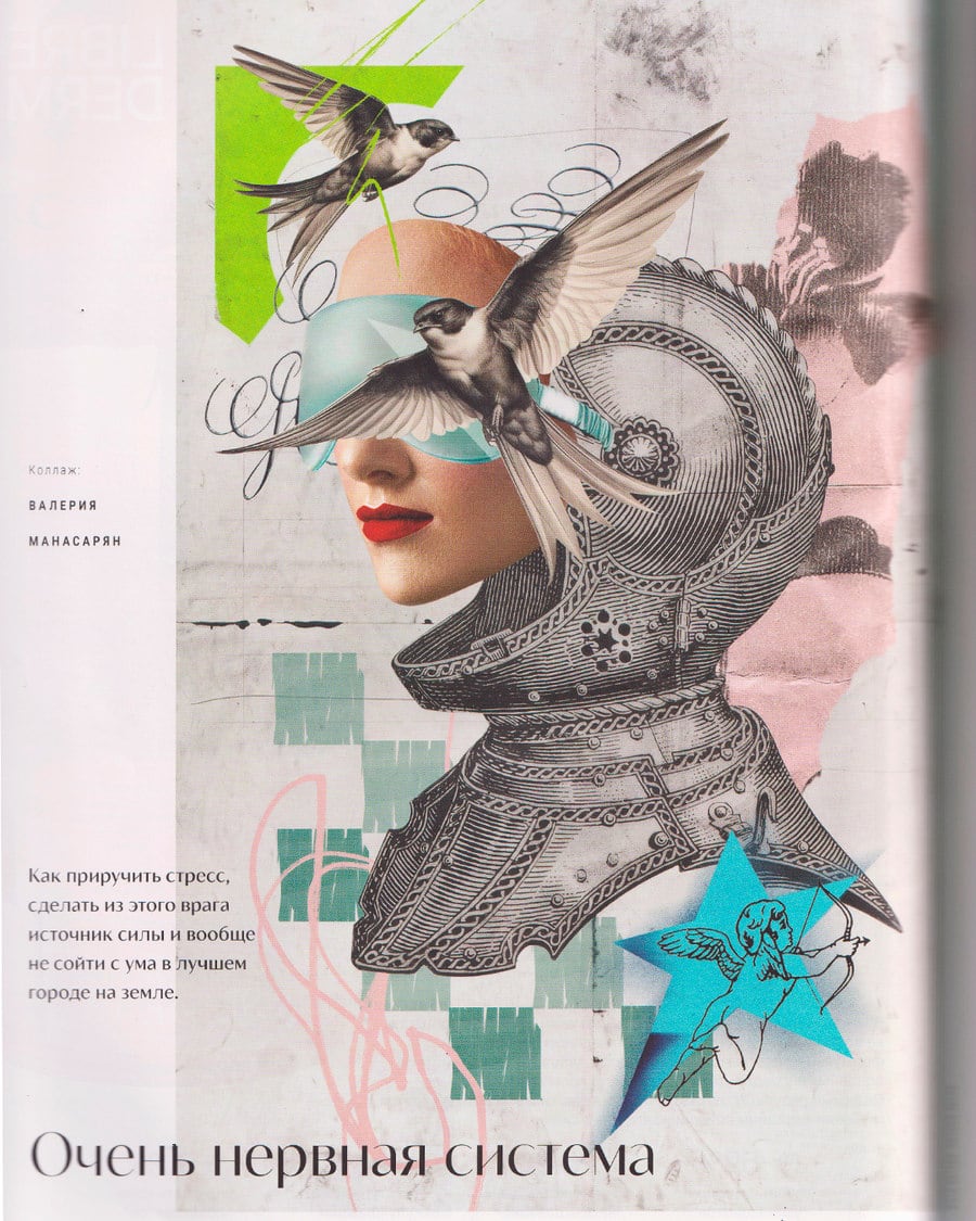 Editorial collage of a face wearing a medieval helmet with swallows in flight, headlined "Очень нервная система" ("A very nervous system")