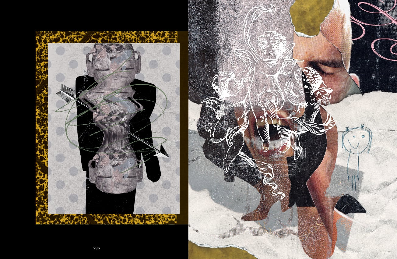 Second page from POSE Magazine's "Collage" artbook feature, a mixed-media spread pairing a photograph of a room with a purple corduroy jacket fragment against a dark textured wing-shaped collage