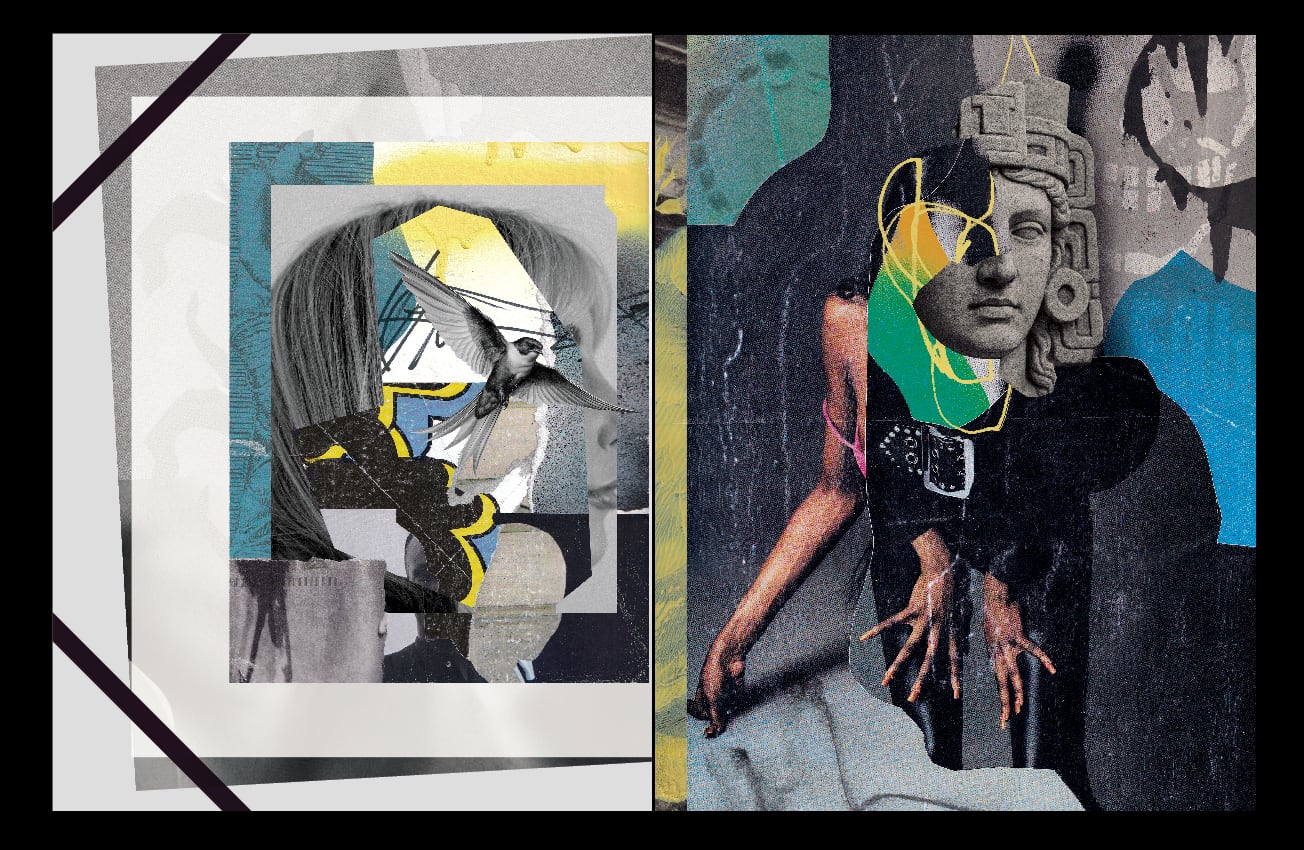 Page from POSE Magazine's "Collage" artbook feature showing a torn poster collage beside a stone totem figure outlined in neon yellow and green