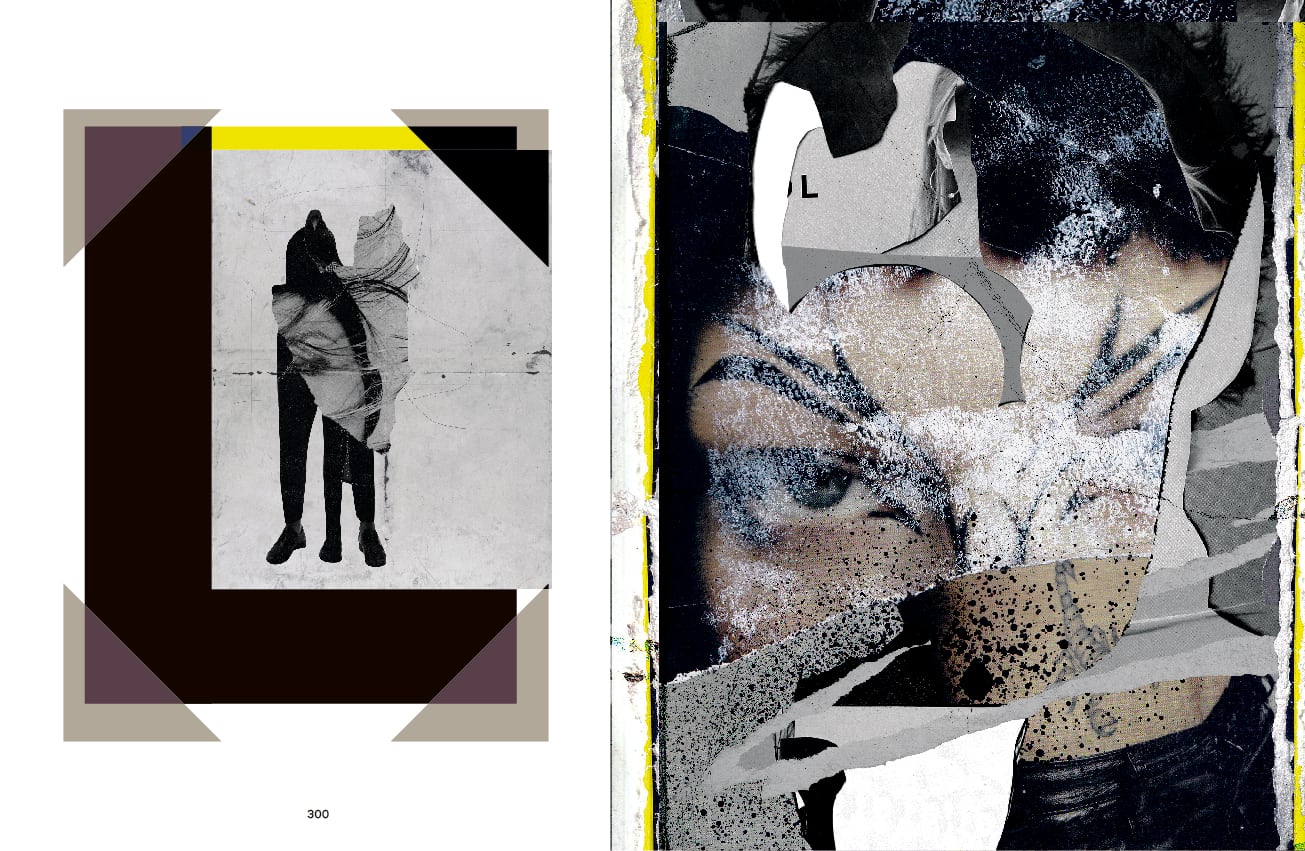 Page from POSE Magazine's "Collage" artbook feature showing a dark cloaked figure beside a torn, sand-textured close-up of a face