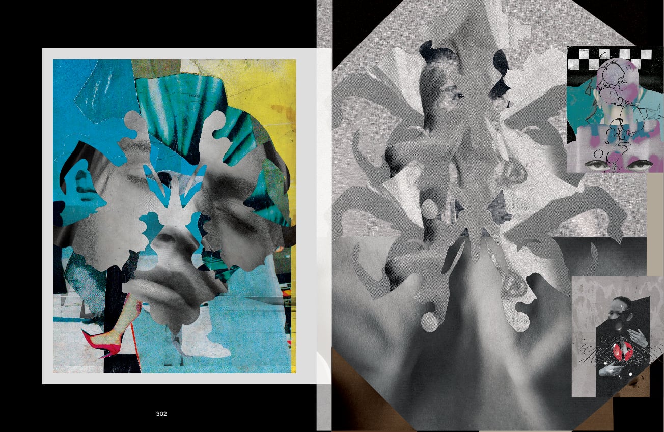 Page from POSE Magazine's "Collage" artbook feature showing an abstract grey swirling branch-like form against a yellow and teal geometric background
