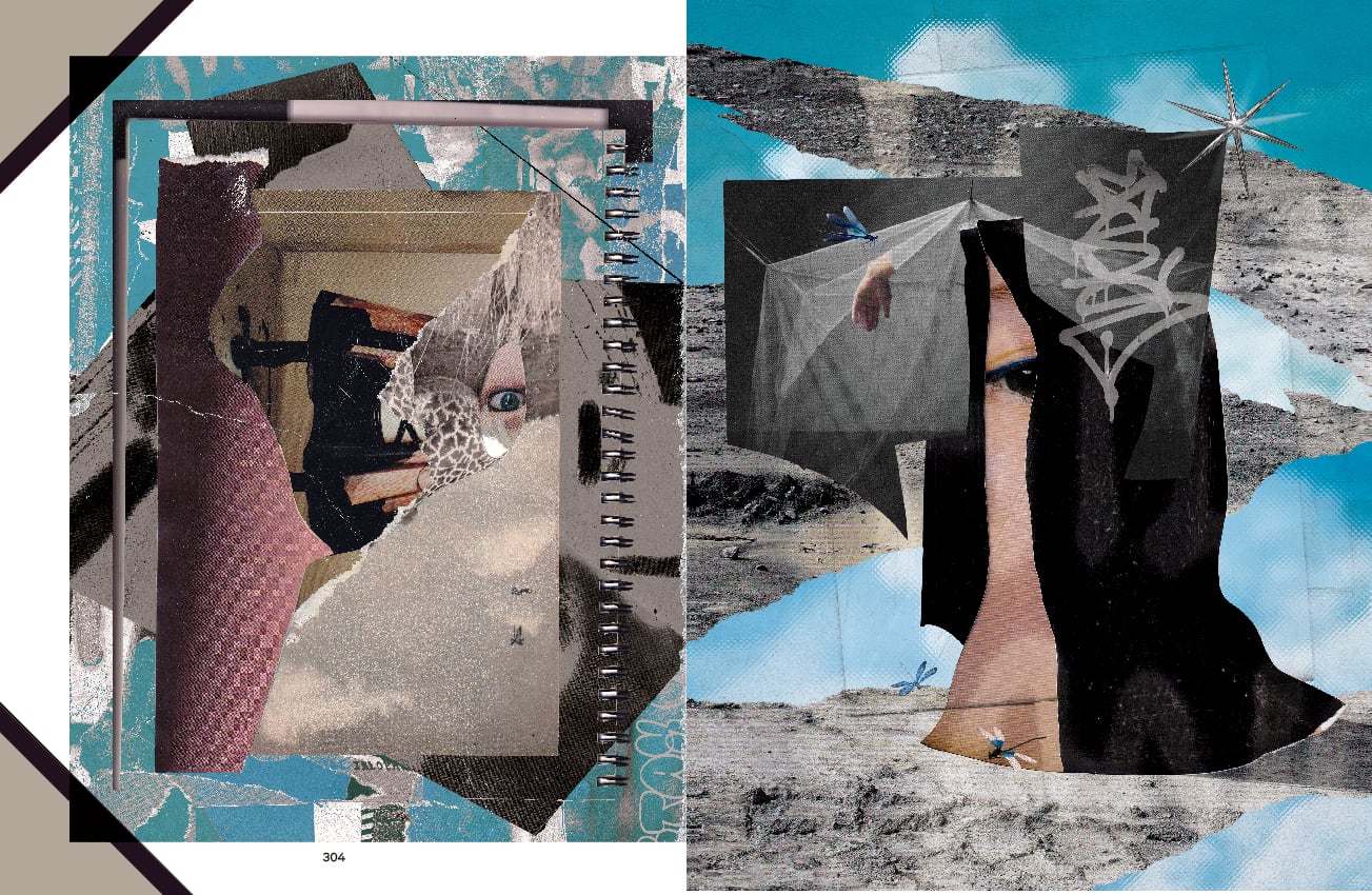 Page from POSE Magazine's "Collage" artbook feature pairing a spiral-bound sketchbook portrait with a black draped figure accented by a dragonfly and a star sticker