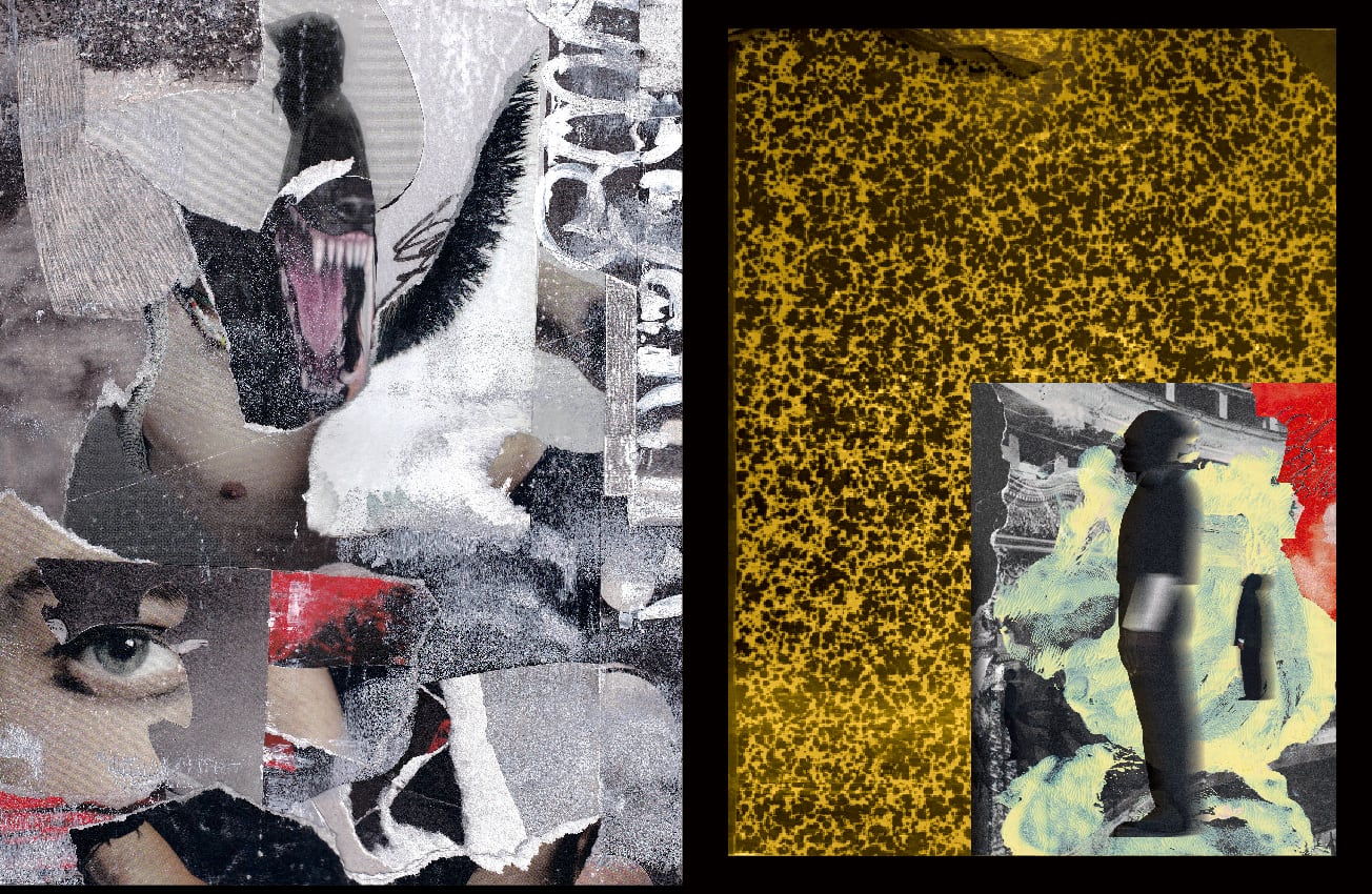 Page from POSE Magazine's "Collage" artbook feature showing torn black-and-white magazine fragments of a mouth and eye beside a glowing yellow silhouette on a dark textured ground