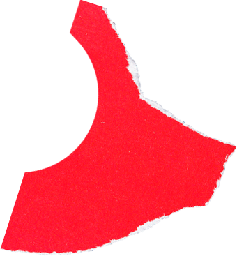 Torn red fabric-textured paper cutout with a circular notch