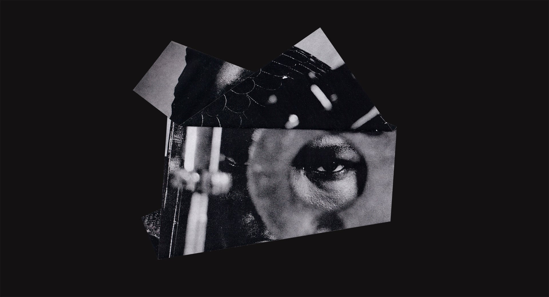 Torn black-and-white photographic collage of a close-up eye and other fragments, arranged as a jagged paper cutout on a black background