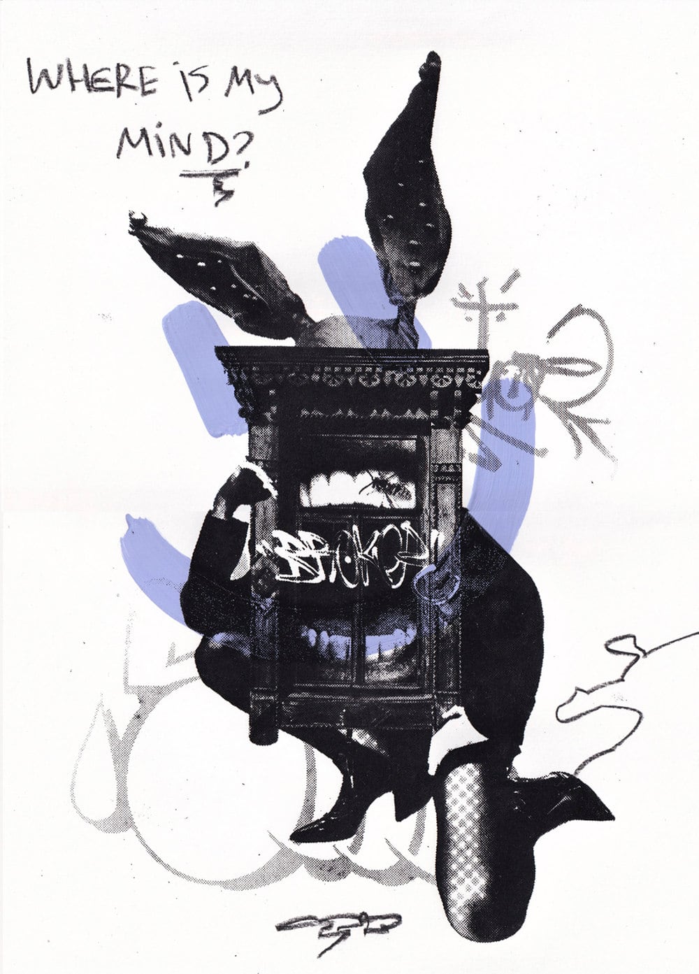 Screen print titled "Where is my mind?" of a rabbit-eared figure wearing an antique cabinet as a torso, in black ink with lavender brush strokes