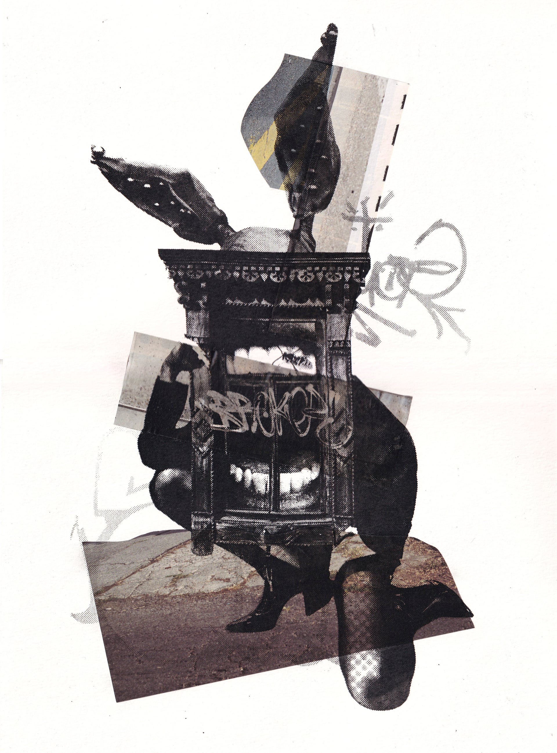 Flat scan of the rabbit-cabinet screen print in plain black ink on white paper, without a handwritten caption