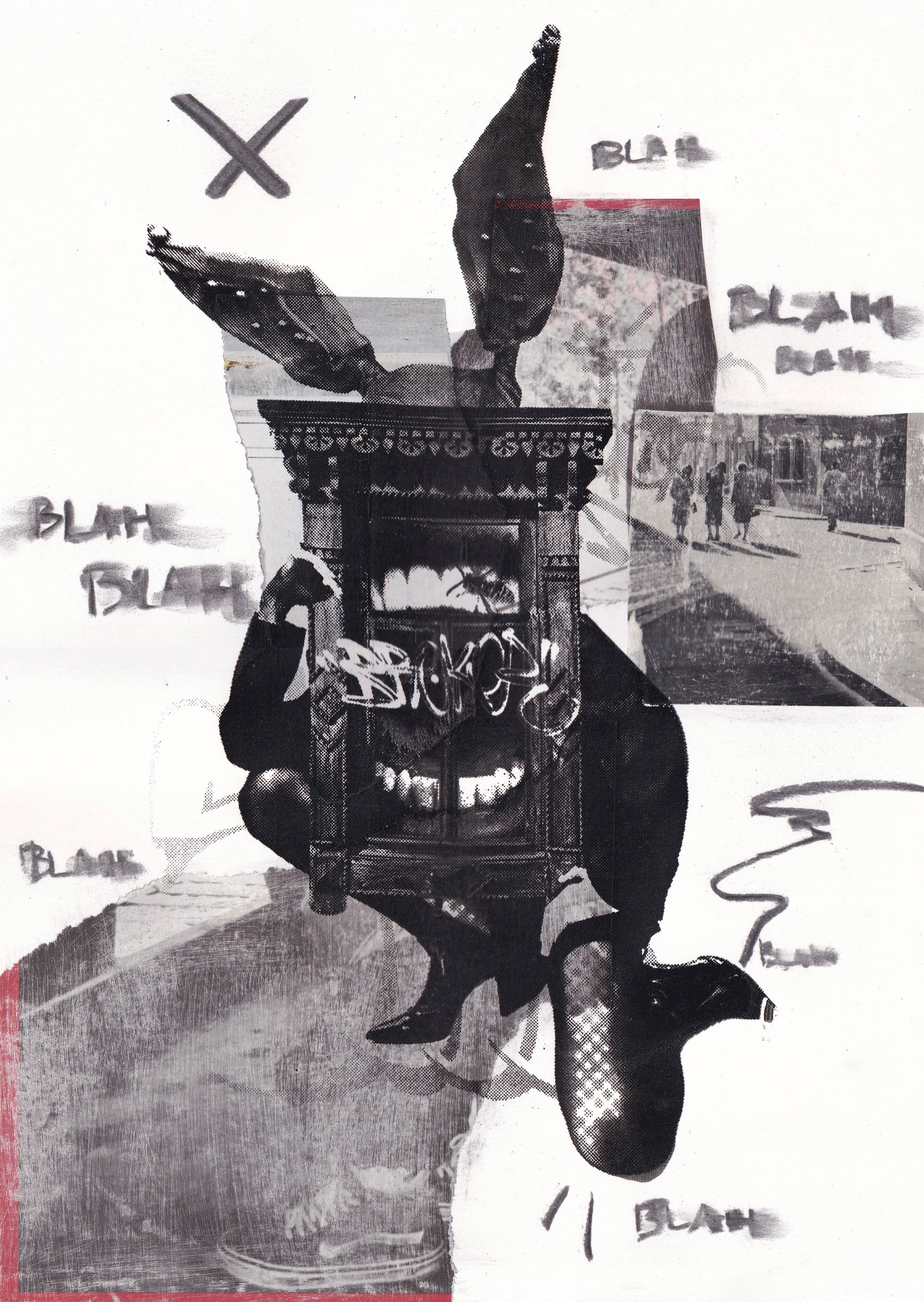 Flat scan of the rabbit-cabinet screen print with a red painted border and repeated handwritten "blah" text scattered around the figure