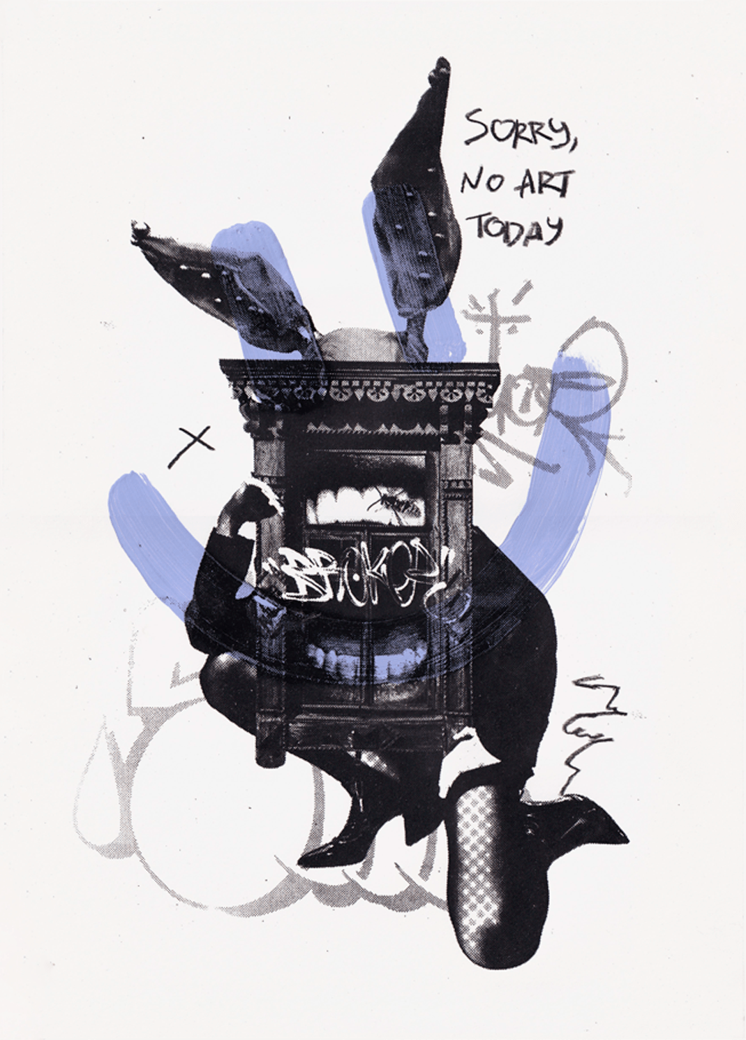 Flat scan of the rabbit-cabinet screen print in black ink with lavender brush strokes, hand-captioned "Sorry, no art today"