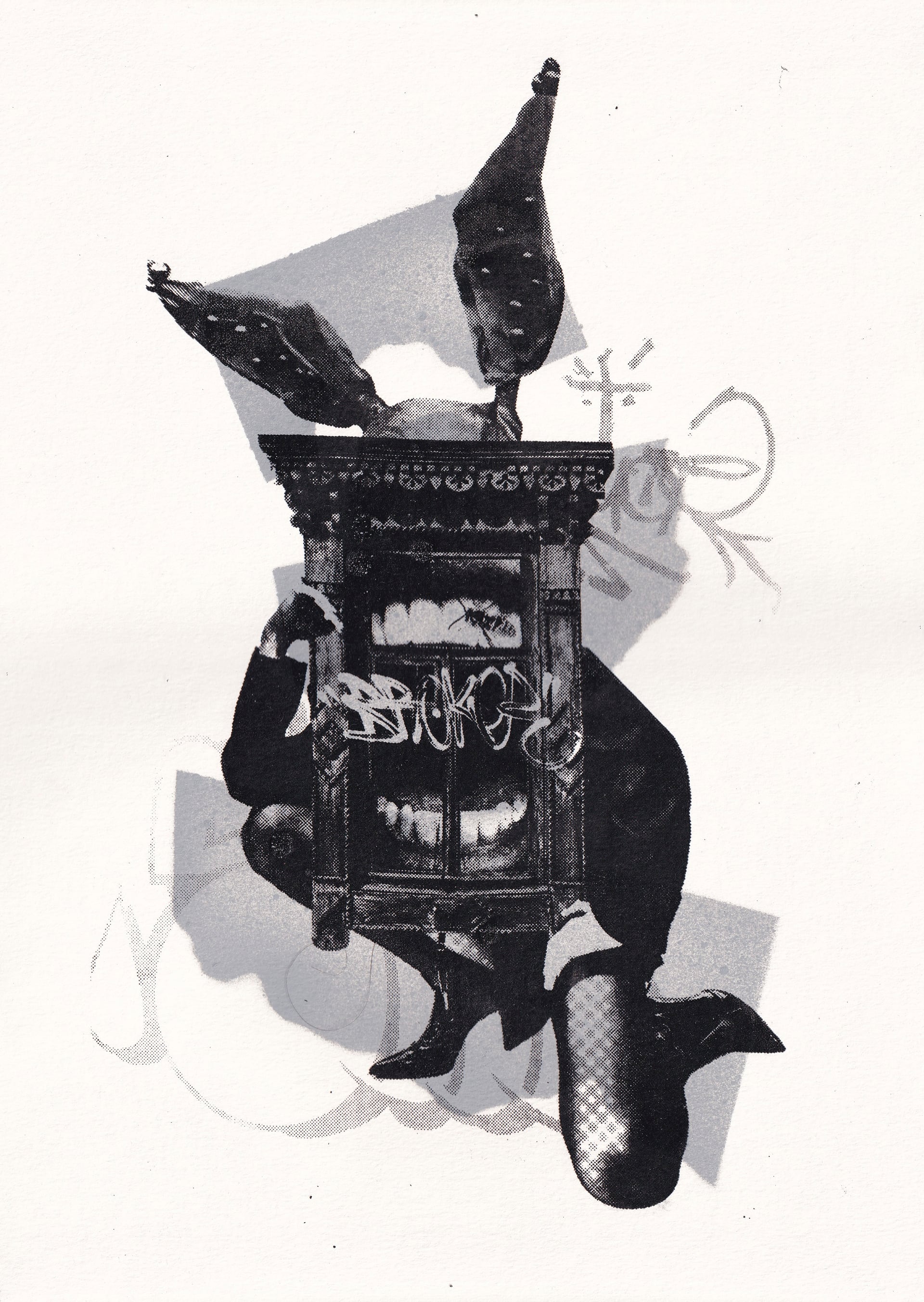 Flat scan of the rabbit-cabinet screen print on white paper with a soft grey drop shadow and no handwritten caption