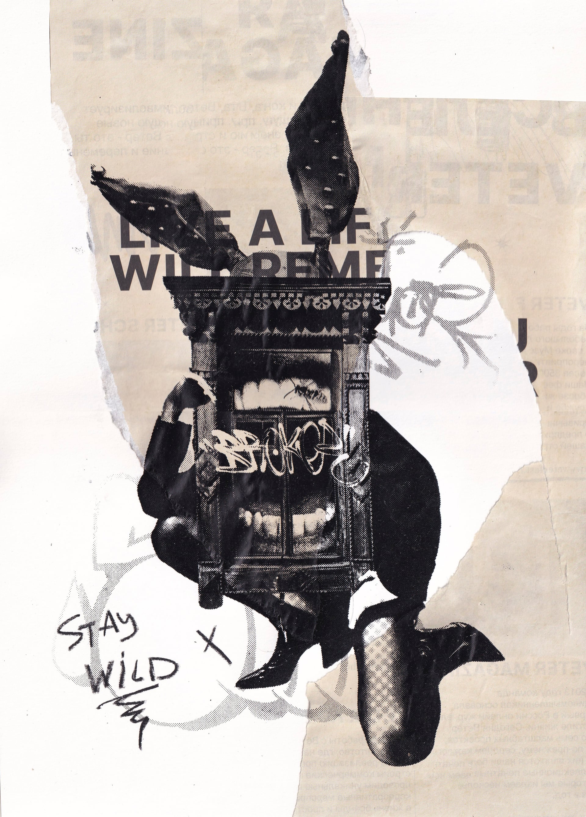 Flat scan of the rabbit-cabinet screen print on cream paper, hand-captioned "Stay wild" in the lower corner